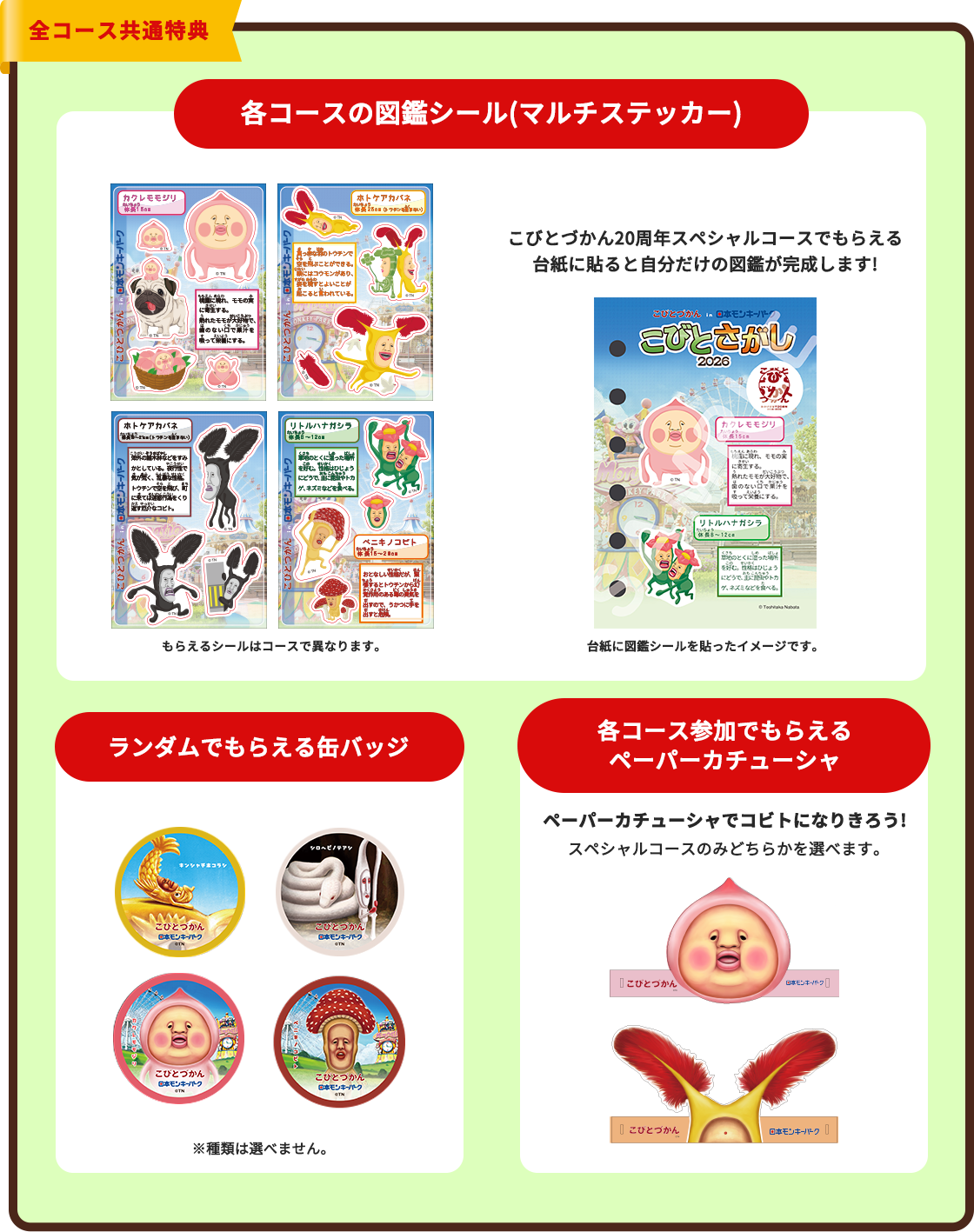 全コース共通特典 各コースの図鑑シール(マルチステッカー)、ランダムでもらえる缶バッジ、各コース参加でもらえるペーパーカチューシャ