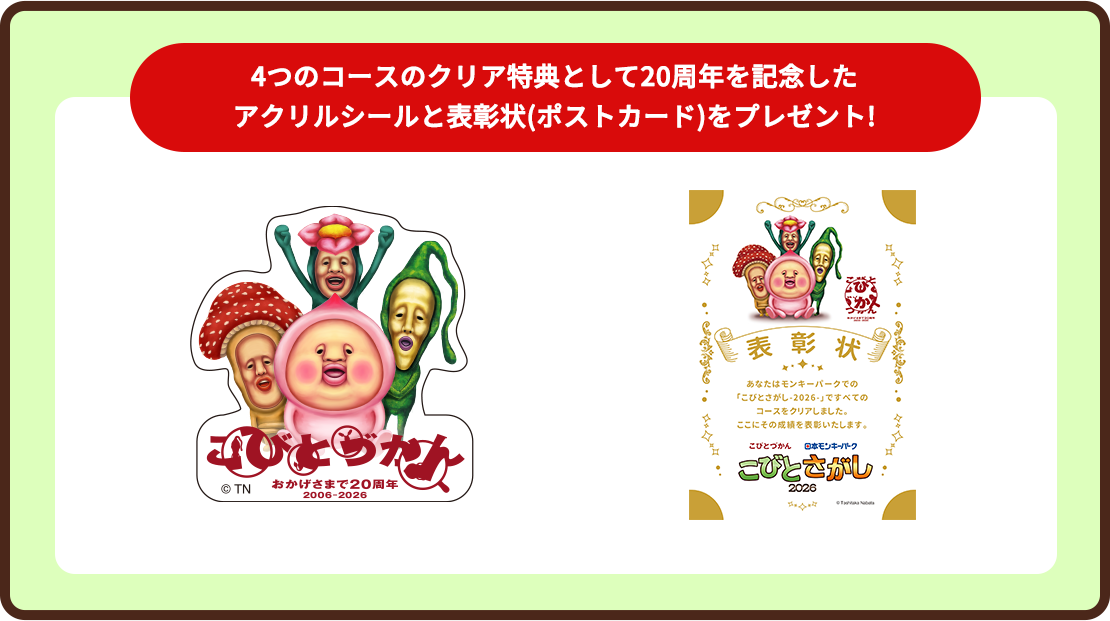 4つのコースのクリア特典として20周年を記念したアクリルシールと表彰状(ポストカード)をプレゼント!